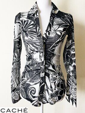 Cache Vintage Semi Sheer Black & White Women's Long Sleeve Blouse | Size XS EUC